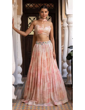 Pink Sequins Print & Embroidered Lehenga Set